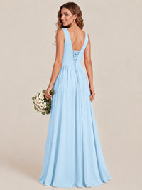 A-line Sleeveless Rucehd Chiffon Bridesmaid Dress with High Slit