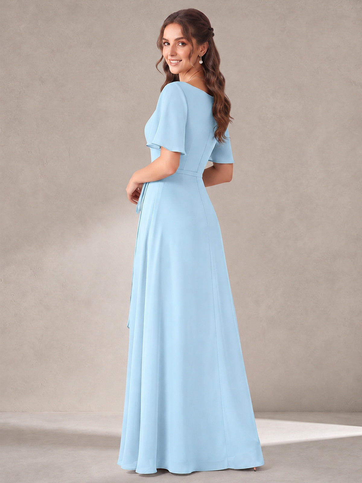Scoop Neck A-line Chiffon Bridesmaid Dress with Flutter Sleeve & Belt