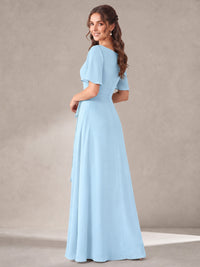 Scoop Neck A-line Chiffon Bridesmaid Dress with Flutter Sleeve & Belt
