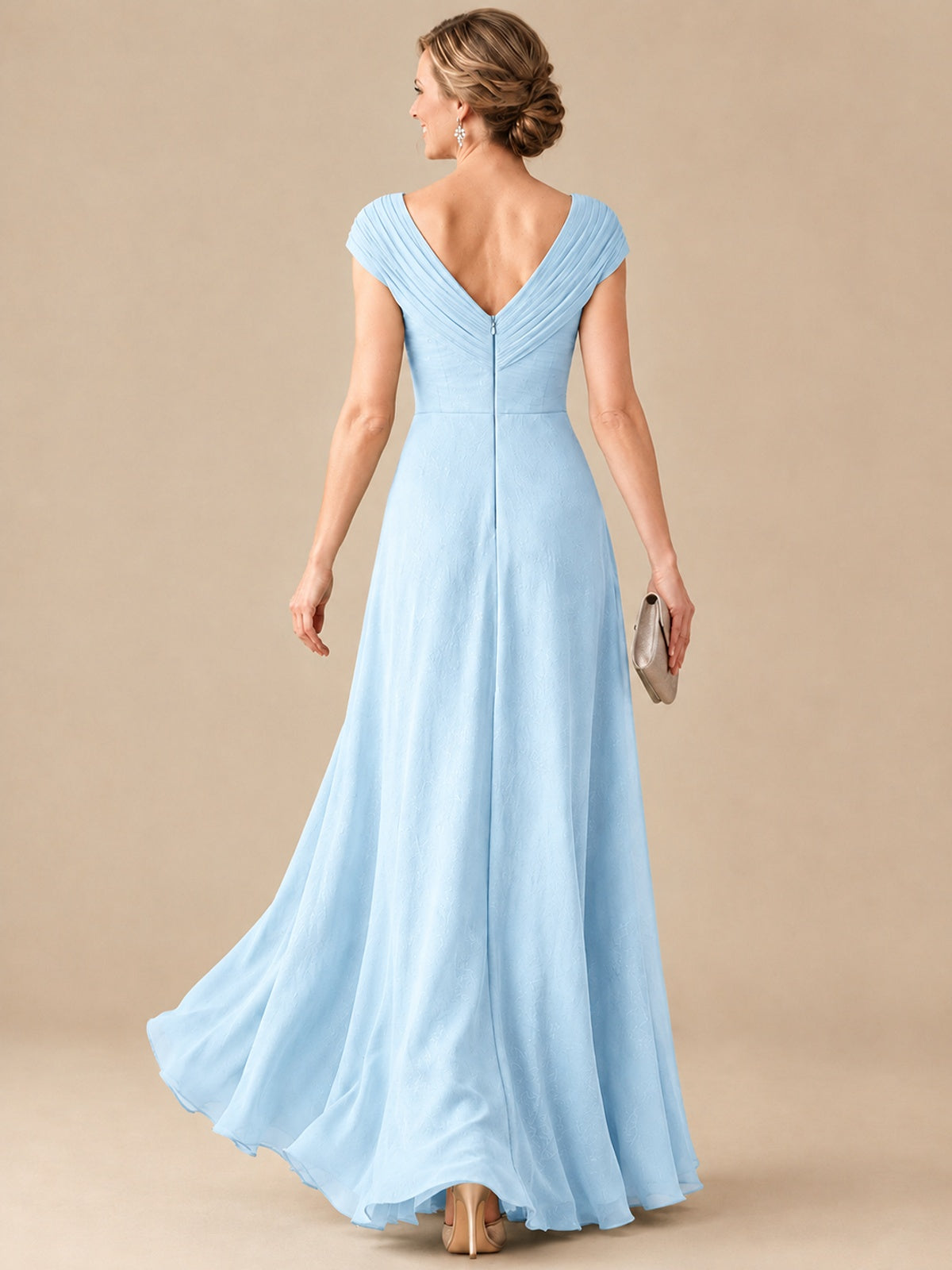 Pleated Chiffon Lace Mother of The Bride Dresses with Beading Cap Sleeves