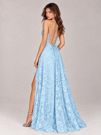 Floral Lace A-Line Prom Dress with Spaghetti Straps & High Slit