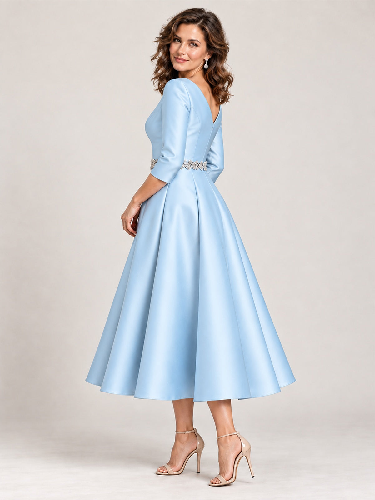 V-Neck Tea-Length Mother of the Bride Dress with Embellished Waist