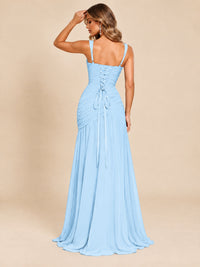 Wrap Pleated Prom Dress Scoop Neck with Slit Women Wedding Formal Dress
