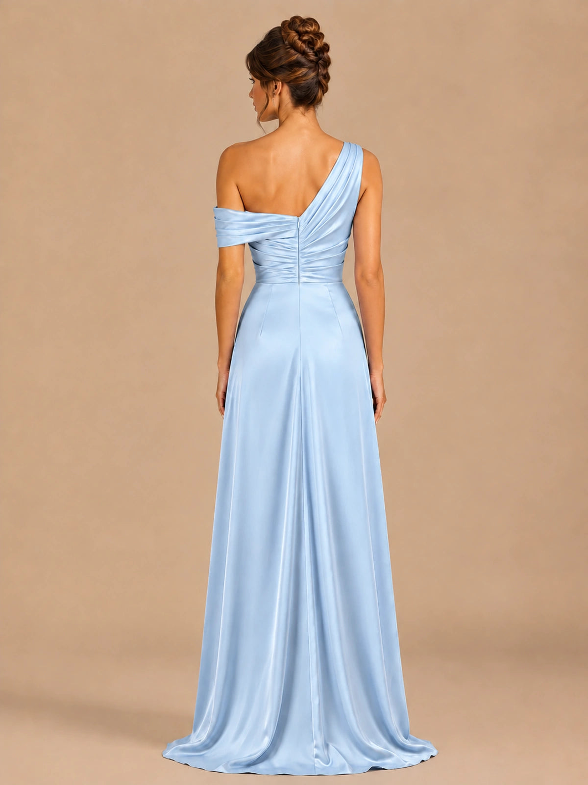 Satin One Shoulder Prom Dress Ruched Long Formal Evening Gown