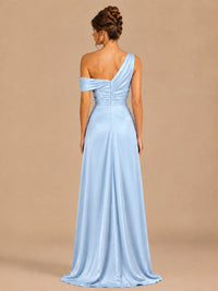 Satin One Shoulder Prom Dress Ruched Long Formal Evening Gown