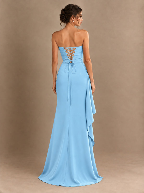 Black and White Strapless Ruched Prom Dress with High Slit & Side Drape