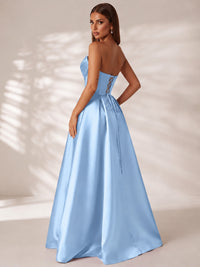 Strapless Corset Satin Prom Dress Long Evening Gown with High Slit