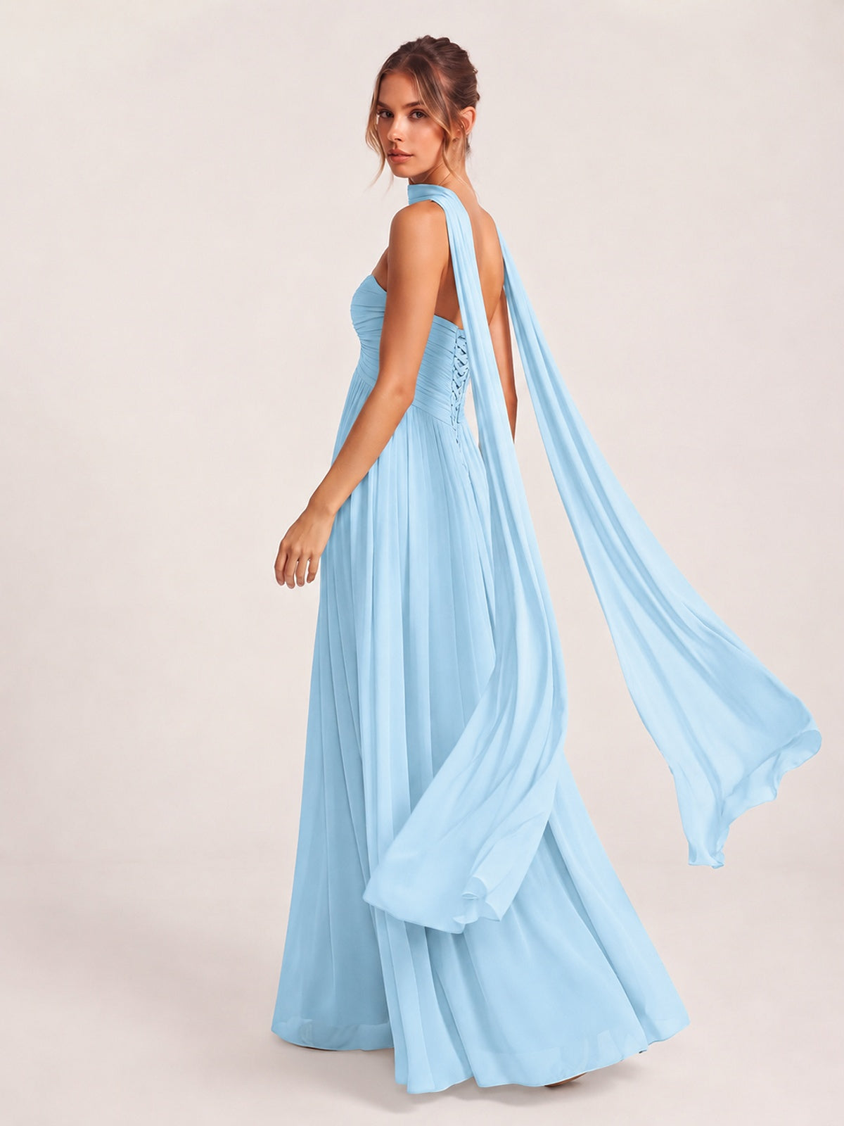 Strapless Ruched Chiffon Long Prom Dress with Scarf