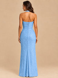 Halter V-Neck Sequin Mermaid Prom Dress with High Slit