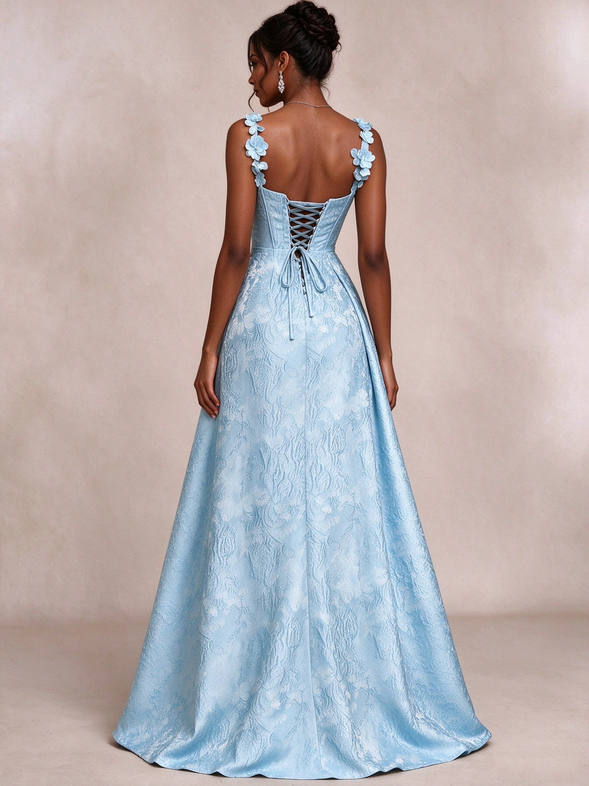 Light Blue 3D Floral Jacquard Prom Dress with Detachable Overskirt Corset Gown