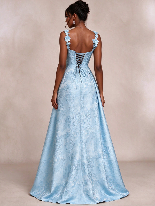 Light Blue 3D Floral Jacquard Prom Dress with Detachable Overskirt Corset Gown