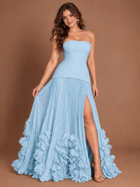 Strapless Pleated Floral Satin Formal Dress with Side Slit