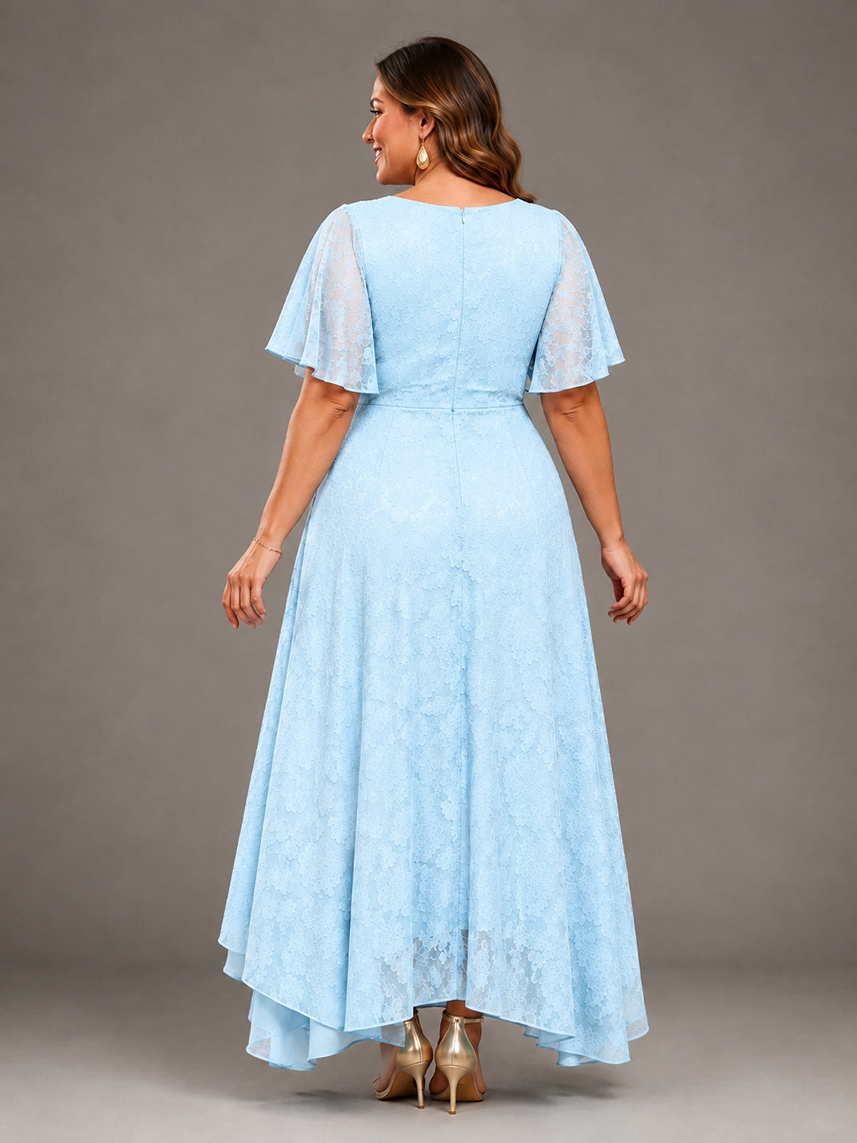 Jacquard Chiffon A-Line V-Neck High-Low Mother of the Bride Dress