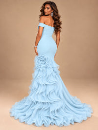 Dusty Blue Off-the-Shoulder Mermaid Prom Dress with 3D Rose & Ruffles
