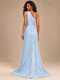 Burgundy One Shoulder Ruched Prom Dress with High Slit & Beaded Waist