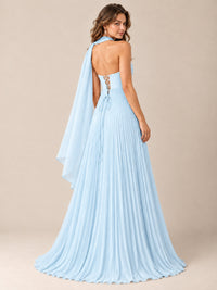 Sweetheart Neckline Pleated Prom Dress Strapless A-line Formal Dress with Flowy Scarf