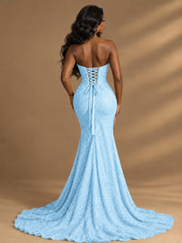 Beaded Sequin Prom Dress Strapless Formal Gowns with High Slit Train