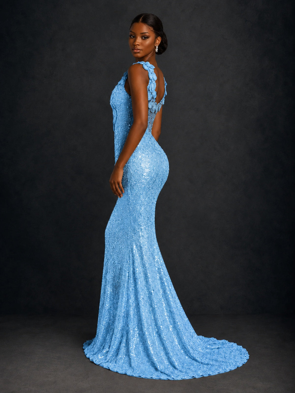 Gold Sequin Floral Applique Mermaid Prom Dress