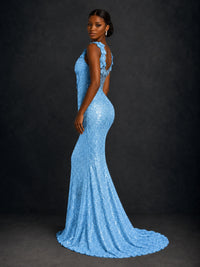 Gold Sequin Floral Applique Mermaid Prom Dress