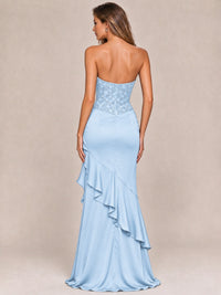 Strapless Lace Appliques Corset Satin Prom Dress Ruffle Slit Evening Gown