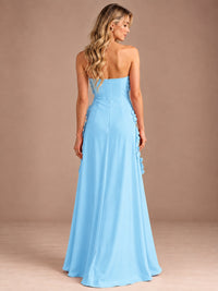 Yellow Strapless A-line Satin Maxi Dress with 3D Floral