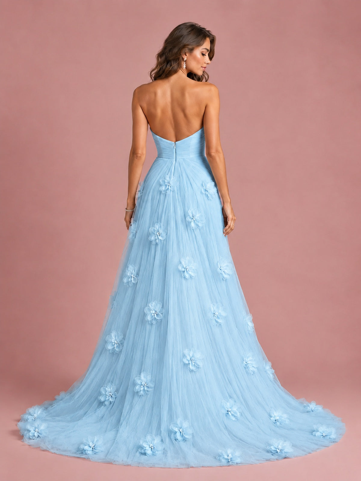 3D Floral Applique Strapless Tulle Prom Dress with High Slit