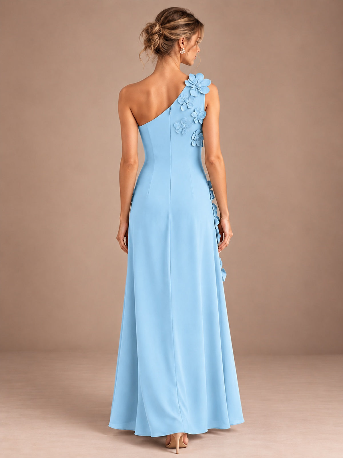 Sage Green One Shoulder Satin Formal Maxi Dress with 3D Floral