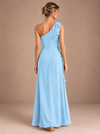 Sage Green One Shoulder Satin Formal Maxi Dress with 3D Floral