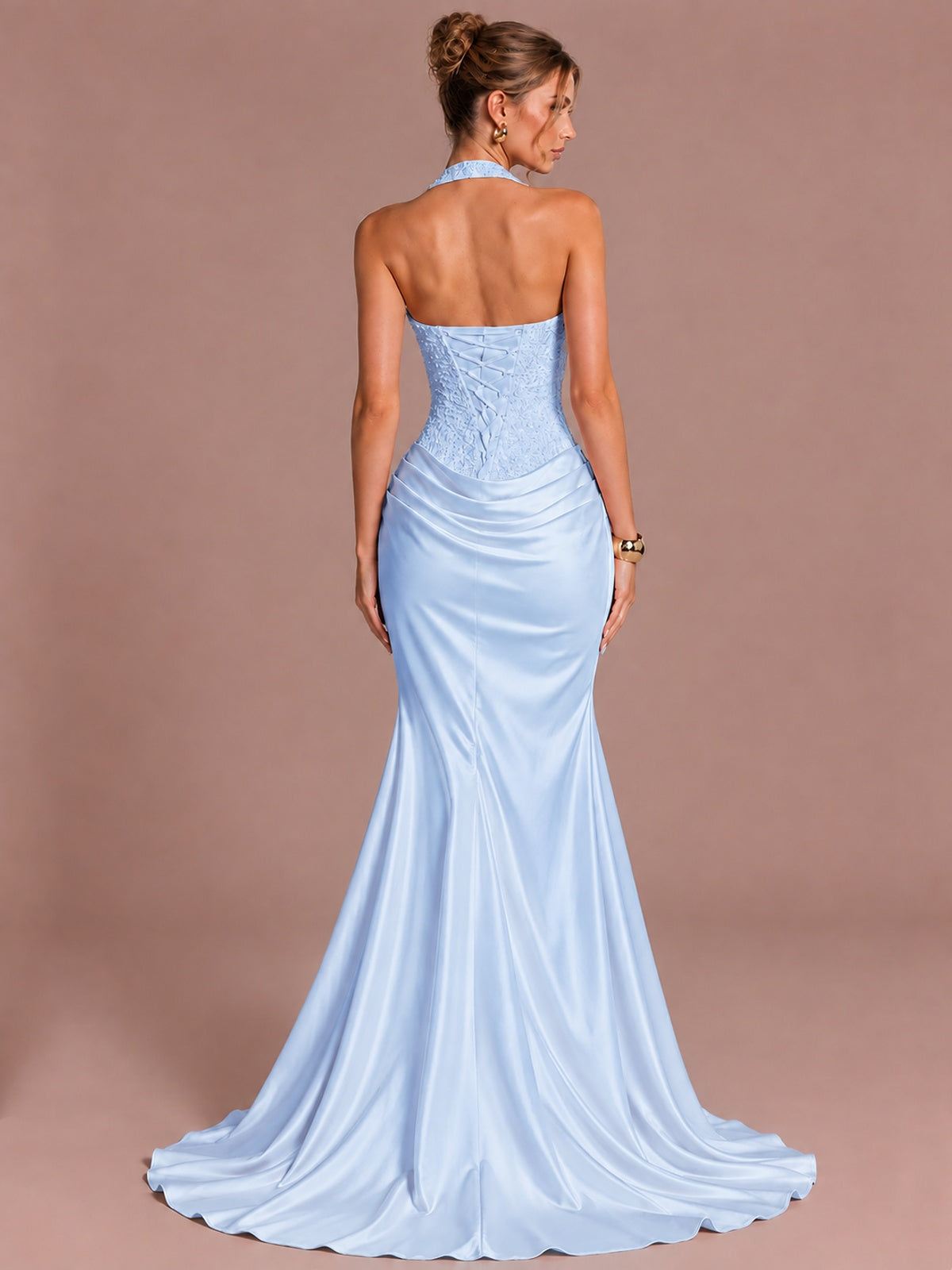 Sparkling Halter Corset Satin Mermaid Prom Dress