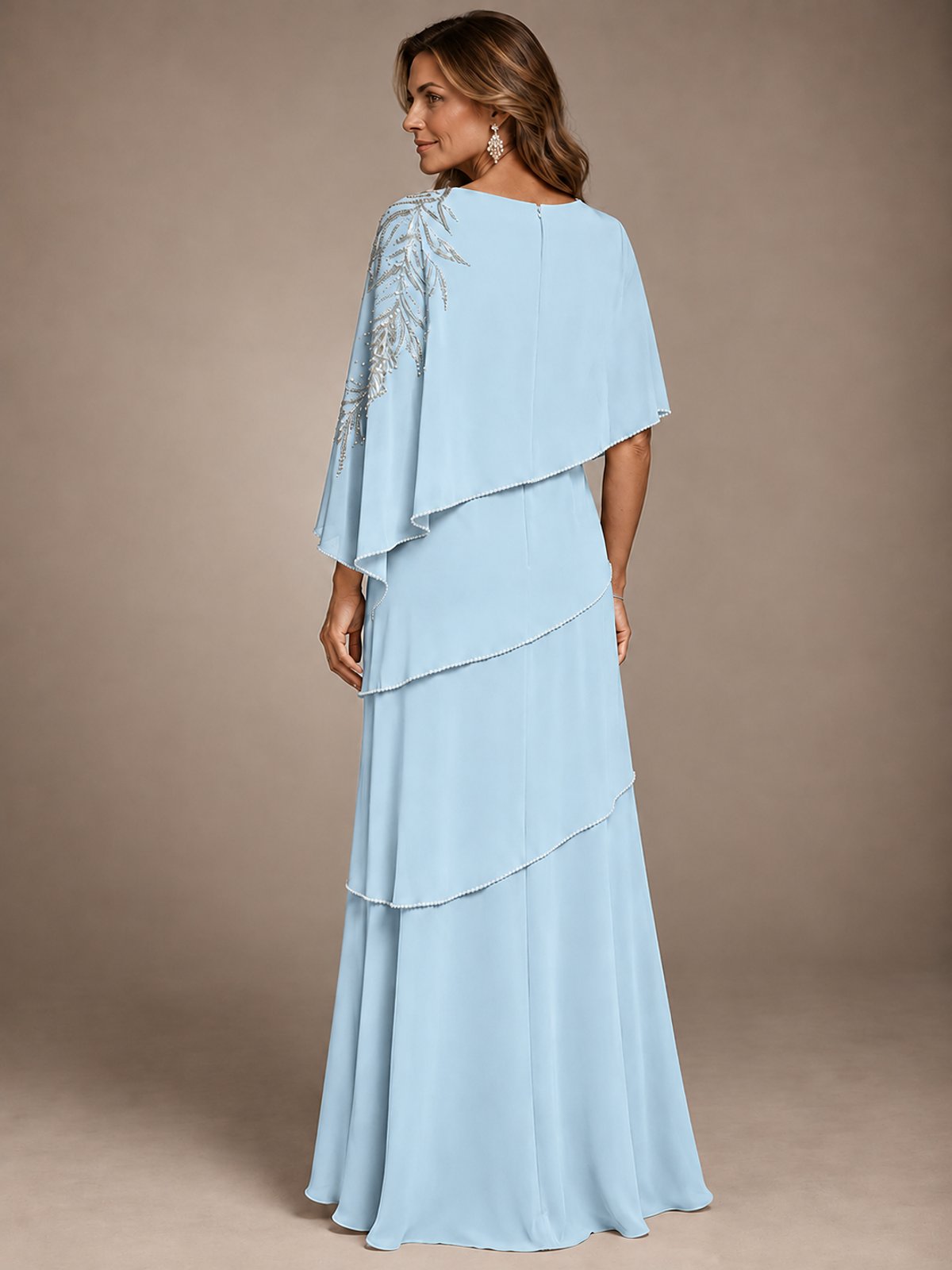 Elegant Chiffon Cape Sleeve Beaded Mother of the Bride Dress