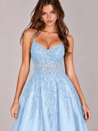 Lace Applique Satin A-Line Prom Dress with Sheer Bodice
