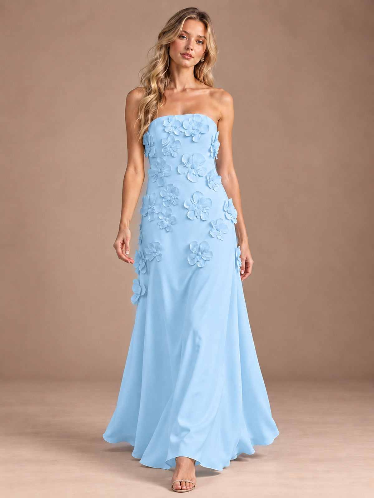 Yellow Strapless A-line Satin Maxi Dress with 3D Floral
