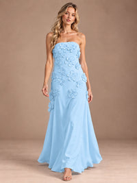 Yellow Strapless A-line Satin Maxi Dress with 3D Floral