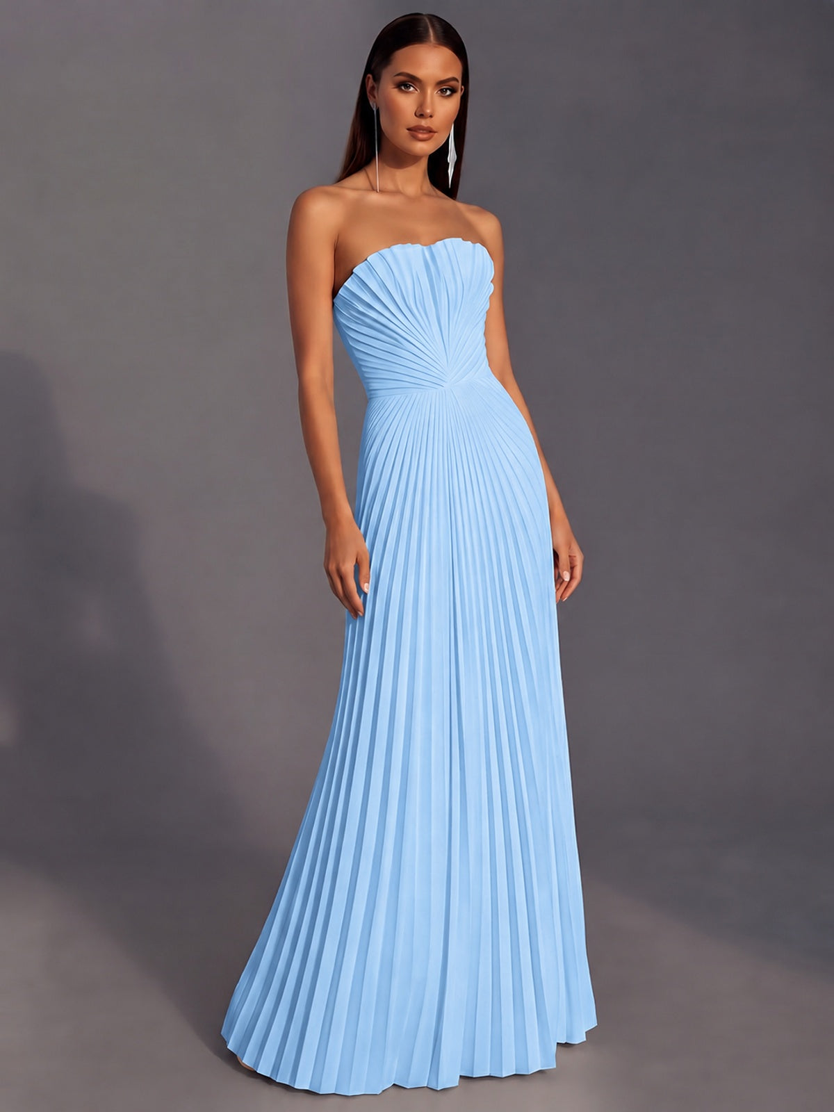 Strapless A-line Long Pleated Satin Prom Dress