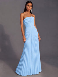 Strapless A-line Long Pleated Satin Prom Dress