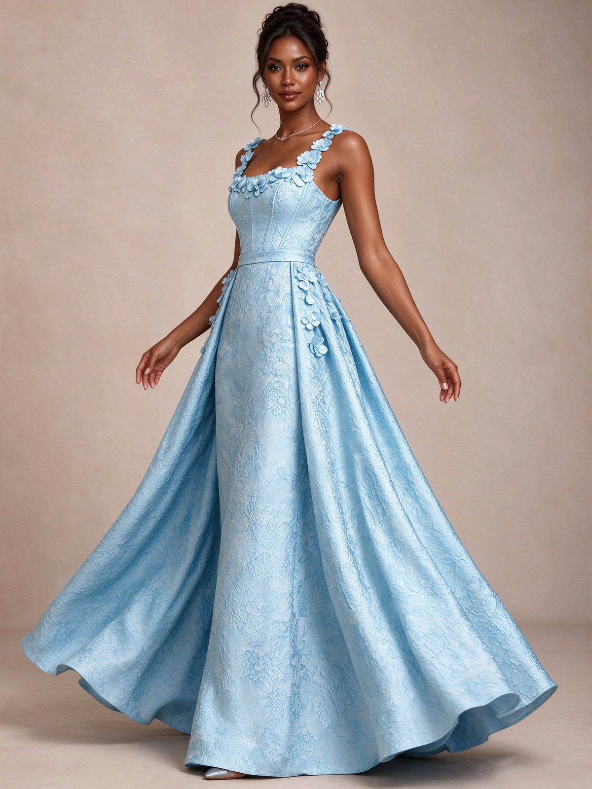 Light Blue 3D Floral Jacquard Prom Dress with Detachable Overskirt Corset Gown
