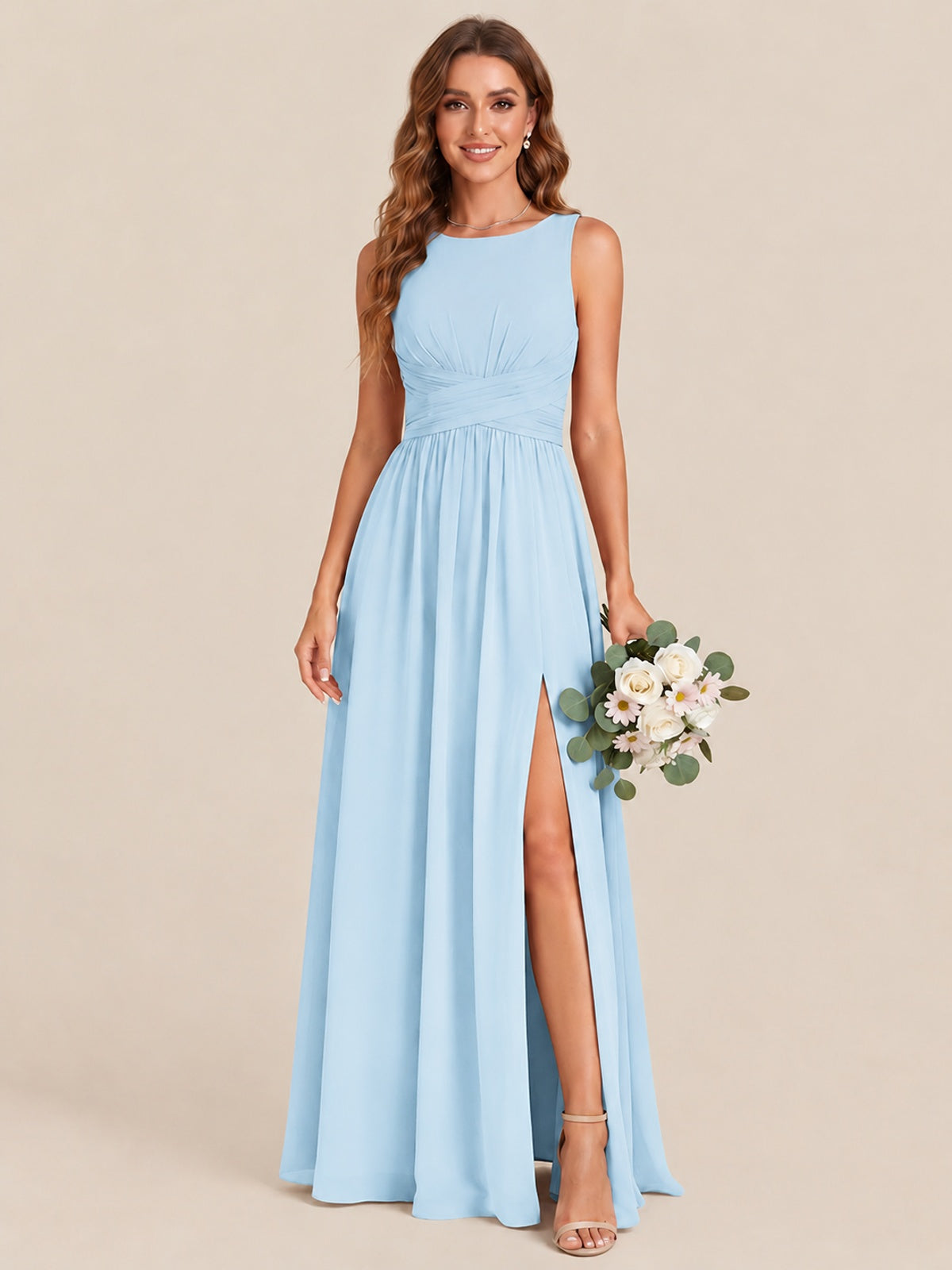 A-line Sleeveless Rucehd Chiffon Bridesmaid Dress with High Slit