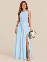 A-line Sleeveless Rucehd Chiffon Bridesmaid Dress with High Slit