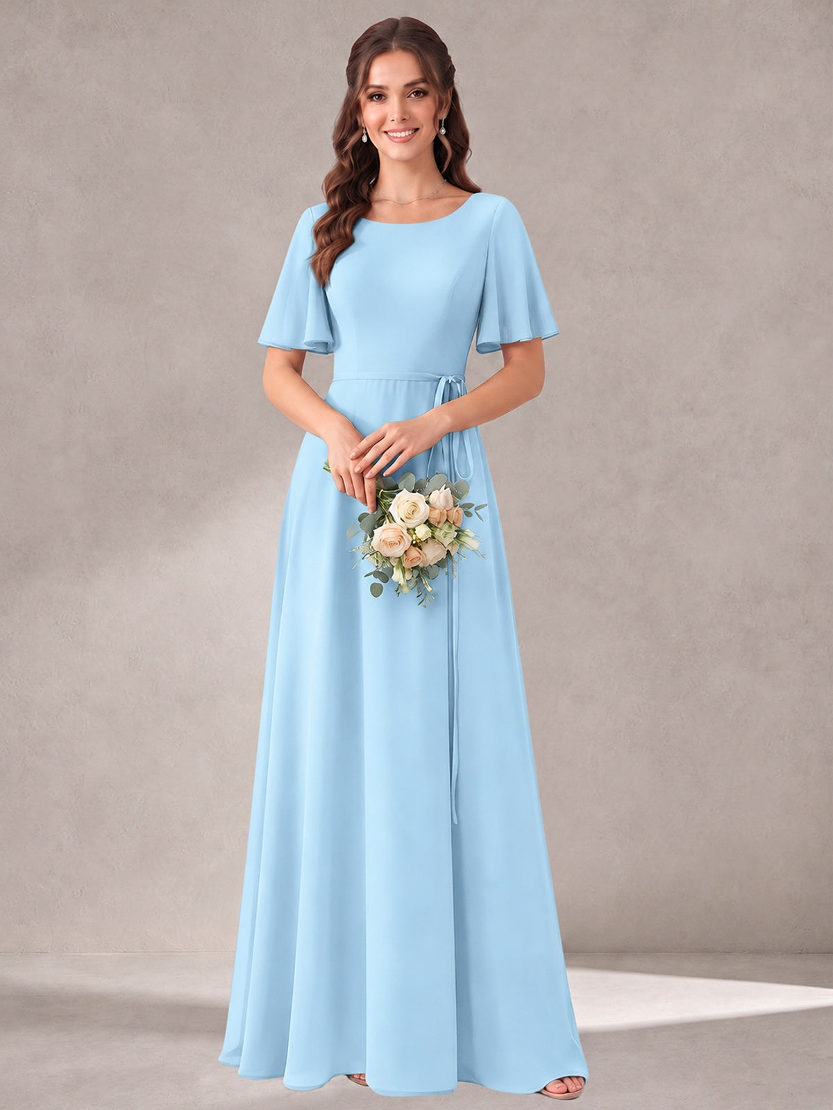 Scoop Neck A-line Chiffon Bridesmaid Dress with Flutter Sleeve & Belt