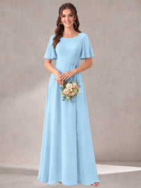 Scoop Neck A-line Chiffon Bridesmaid Dress with Flutter Sleeve & Belt