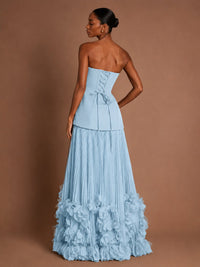Strapless Pleated Floral Satin Formal Dress with Side Slit