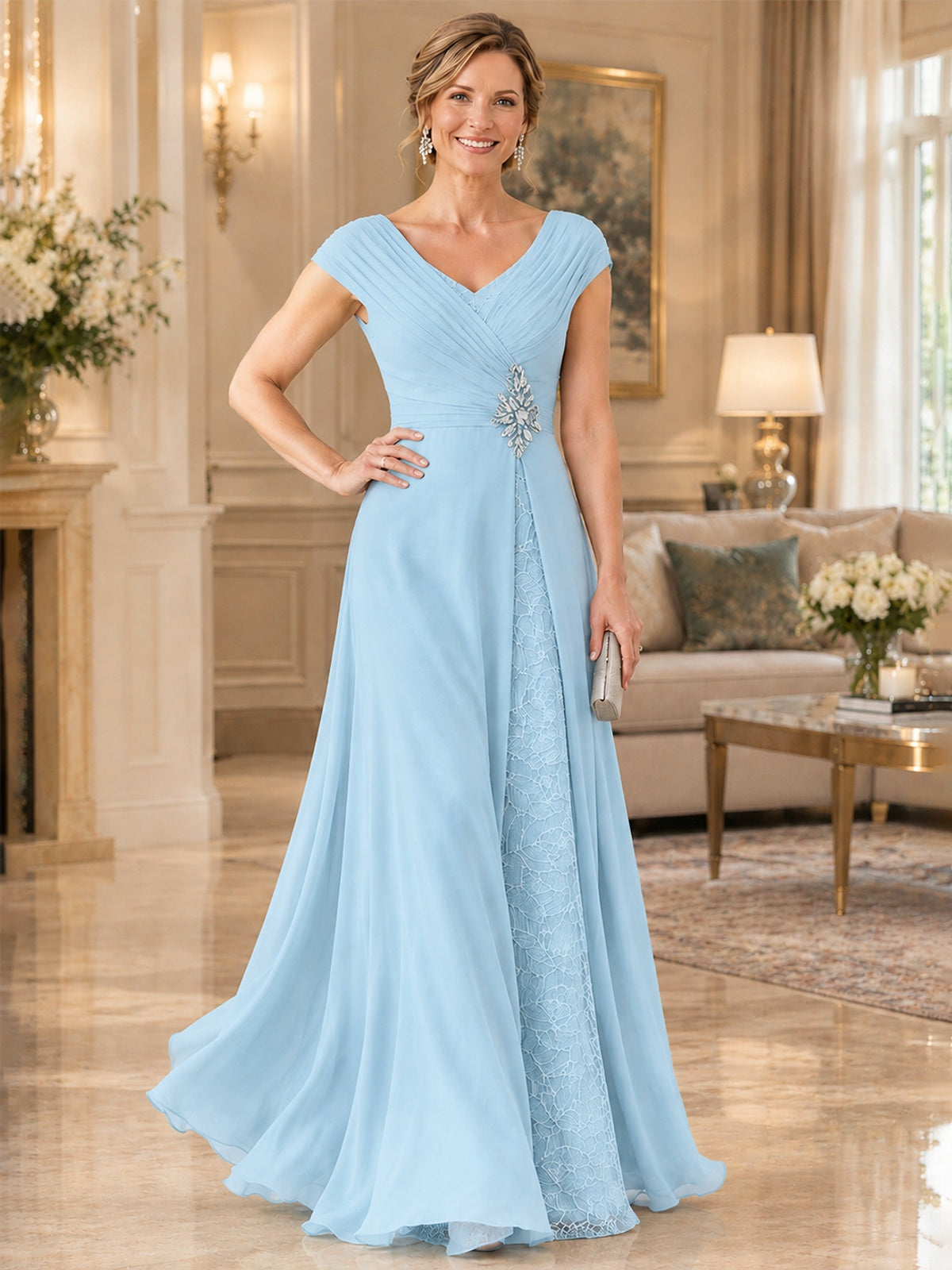 Pleated Chiffon Lace Mother of The Bride Dresses with Beading Cap Sleeves