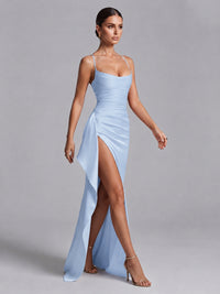 Square Neck Satin Long Prom Dress with Ruffles