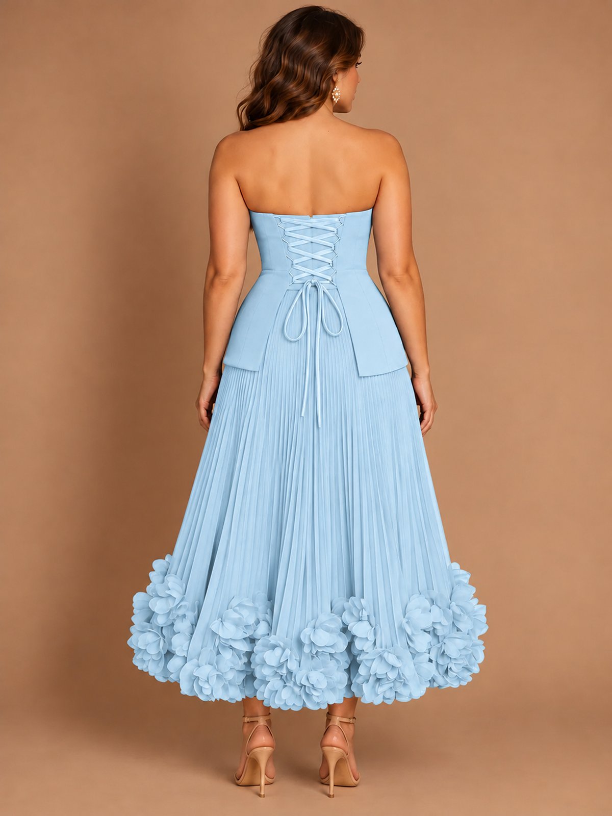 Navy Blue Strapless Pleated A-Line Midi Dress with 3D Floral Applique
