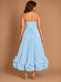 Navy Blue Strapless Pleated A-Line Midi Dress with 3D Floral Applique