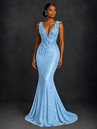 Gold Sequin Floral Applique Mermaid Prom Dress