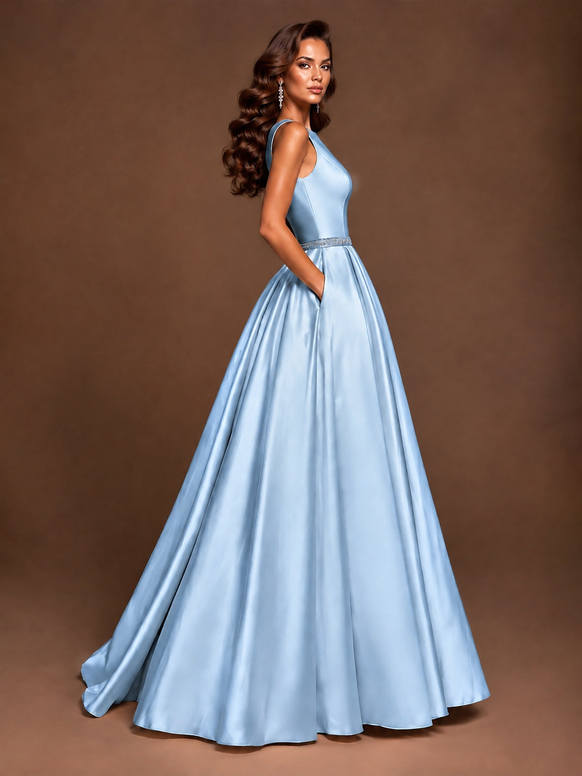 Satin A-Line Prom Dress Sleeveless Beaded Waist Formal Gown with Pockets