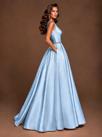 Satin A-Line Prom Dress Sleeveless Beaded Waist Formal Gown with Pockets