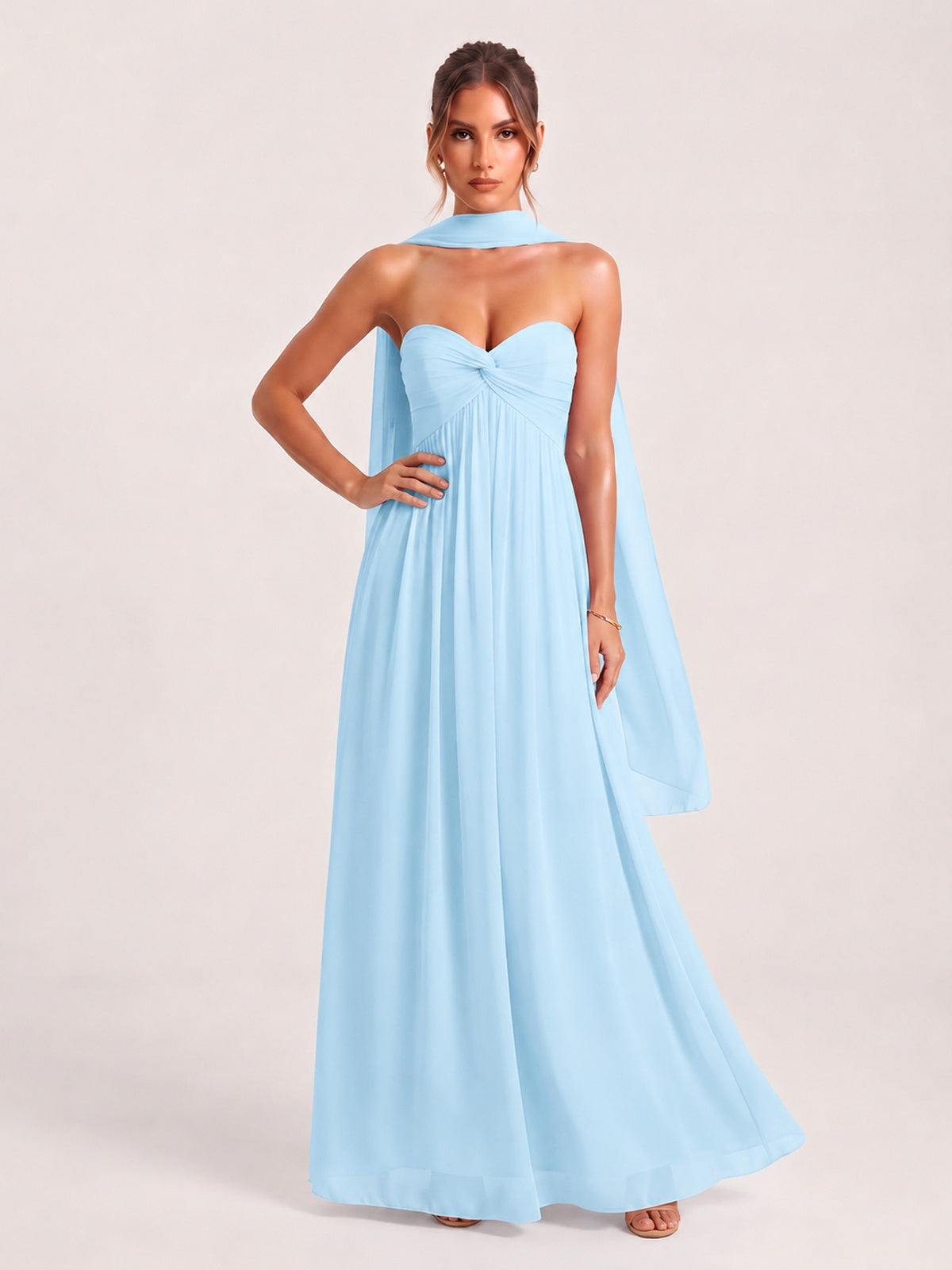 Strapless Ruched Chiffon Long Prom Dress with Scarf