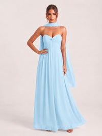 Strapless Ruched Chiffon Long Prom Dress with Scarf